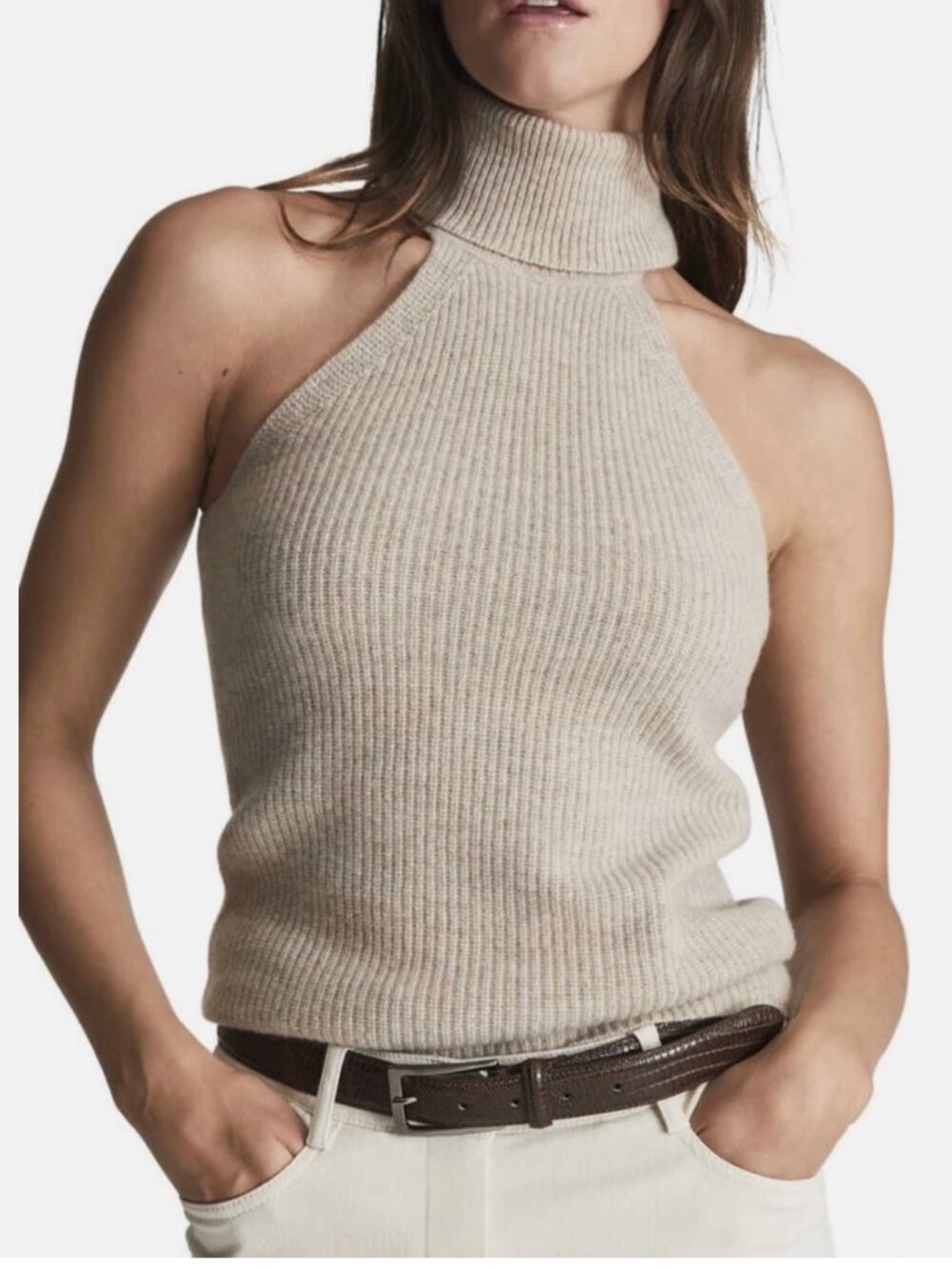 REISS Clem Sleeveless Turtleneck Wool & Cashmere Top in Oatmeal Sz L - NWT!